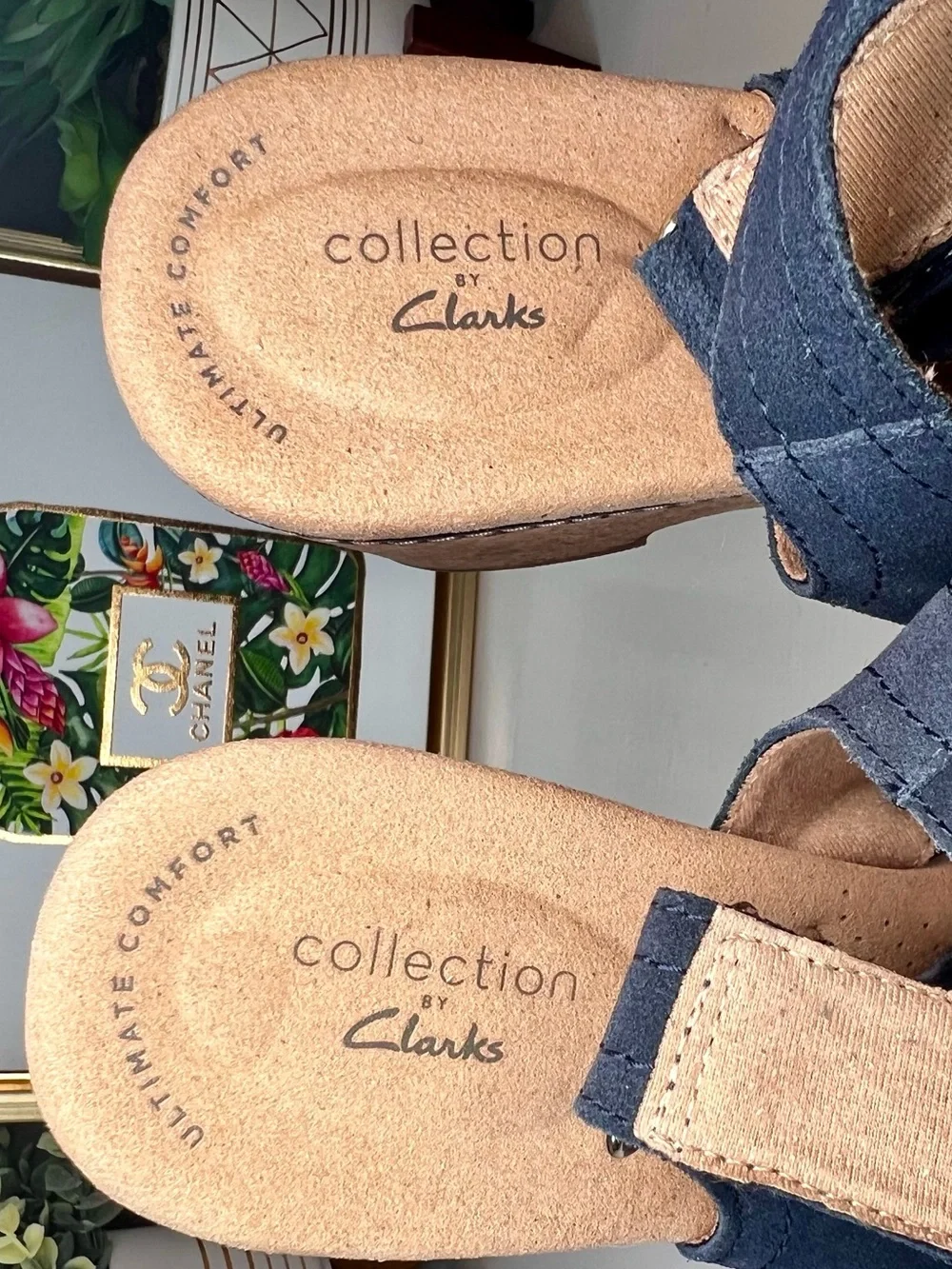 Clarks Giselle Cove Navy Suede Cork Wedge Sandals Ultimate Comfort Sz 9